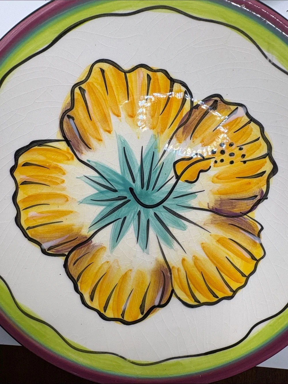 Bright Yellow Floral Ceramic Dinner Plates - Set of 4. Clay Art